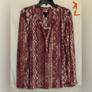 Erika Women's Maroon and Beige Geometric Long Sleeve Top